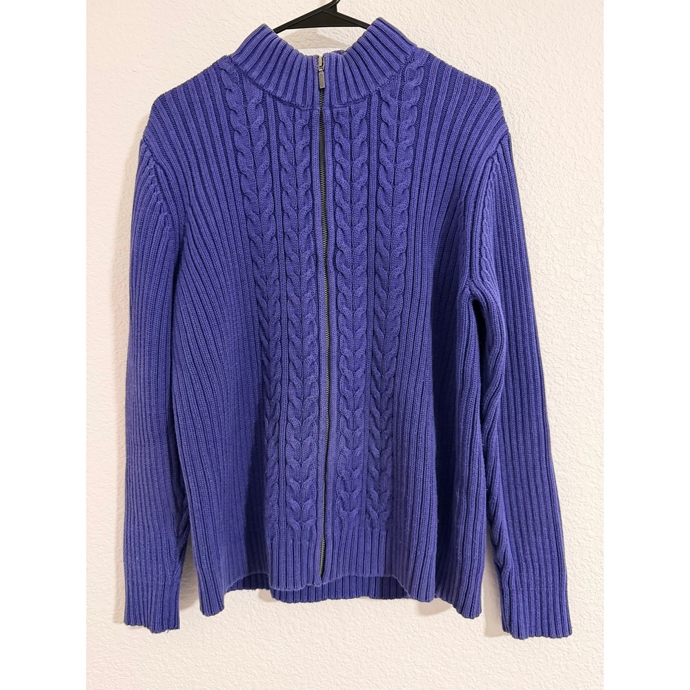 Lands End Purple Cable Knit Full Zip Cardigan Mock Neck Petite Large 14-16
